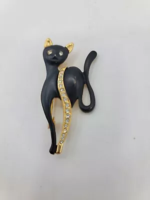 Elegant Black Cat Brooch With Gold Accents & Rhinestone Details Vintage • $17.99