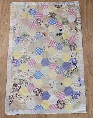 Vintage Patchwork Quilt Retro Hand Made Cot Pram Blanket Double Sided Baby 466 • £21.99