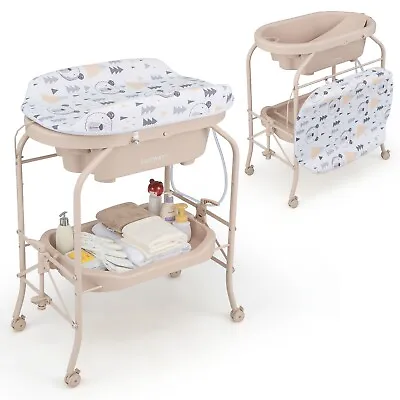 Baby Changing Table With Bathtub Folding Infant Diaper Changing Nursery Station • £84.95