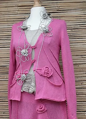 ZUZA BART*HAND MADE PURE LINEN APPLIQUE 2 POCKERS CARDIGAN*PINK**Size L RRP £219 • £165