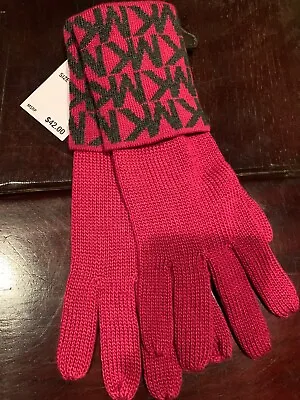 NWT - $42 Michael Kors Knit Gloves MK Signature Logo Print In Pink/Gray • $25.99
