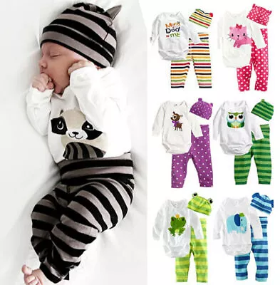 Newborn Baby Long Sleeve Romper Tops + Striped Pants + Hat Boys Girls Loungewear • £11.24