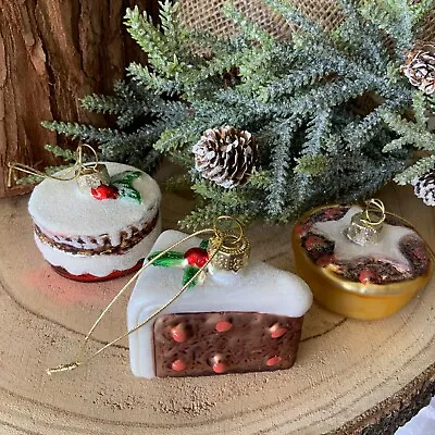 £16.99 • Buy 3x Fun Christmas Cake Hanging Tree Decorations Glass Novelty Gisela Graham