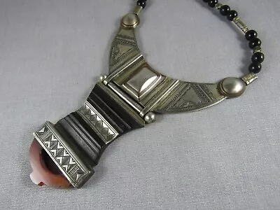 Berber Tuareg African Moroccan Solid Silver Ebony Carnelian Necklace Pendant • $175