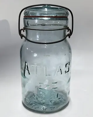 Vintage Atlas Blue E-Z Seal Glass Quart Canning Jar With Glass Lid & Wire Bale • $8.99