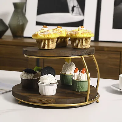 2-Tier Pizza/Cupcake Display Stand W/ Round Wood Trays & Gold Tone Metal Frame • £36.97