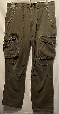 Foot Locker Army Green Camp Cargo Pants Baggy Mens Sz 34x30 Distress Drawstrings • $24.98