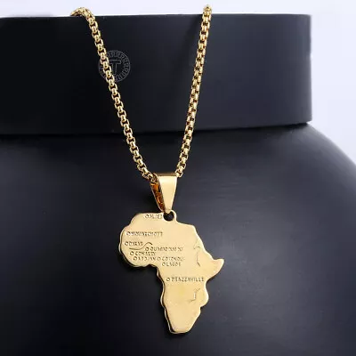 Gold Plated Stainless Steel Africa Continent Map Pendant Necklace Box Link Chain • $7.59