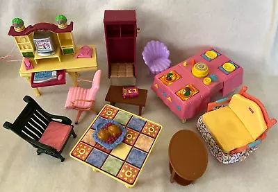 Lot Of Vintage Fisher Price Doll House Furniture Computer Desk Table W/ Dishes • $13