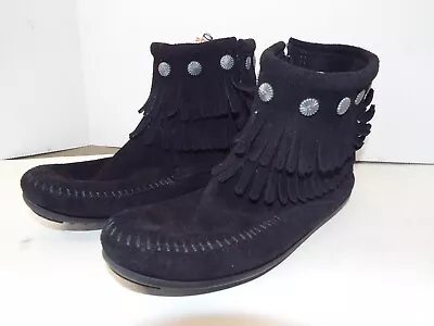 Minnetonka Moccasins Women's Size 7 Black Suede Double Fringe Ankle Booties • £28.94