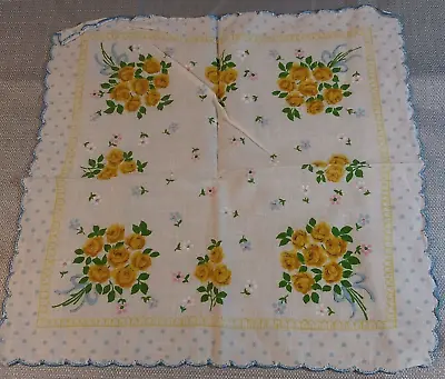 Vintage Hankie Hankerchief Yellow Flower Leaves Floral Scalloped Edge Polka Dots • $11.55