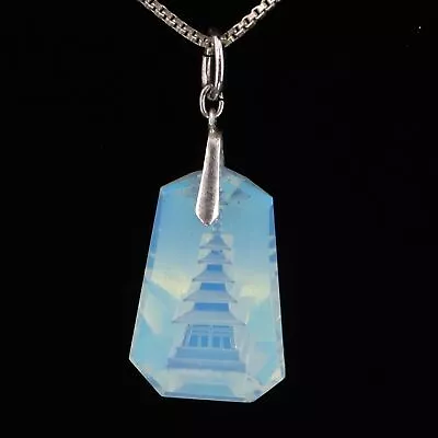 VTG Sterling Silver JAPANESE Water Opal Pagoda Intaglio Pendant 17  Necklace 6g • $2.99