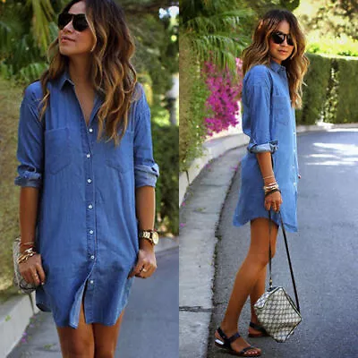 Women Blue Denim Shirt Long Sleeve Casual Loose Shirt Straight Mini Jeans Dress • £5.99