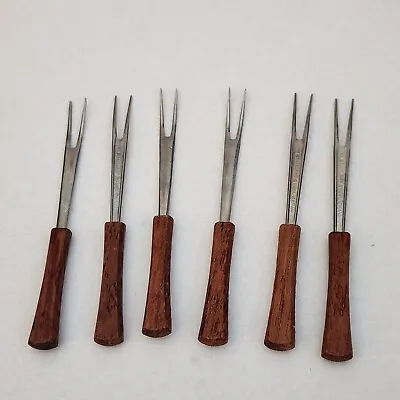 Vintage Cocktail Olive Pickle Forks Wooden Handles Stainless Steel Mid-century  • $7