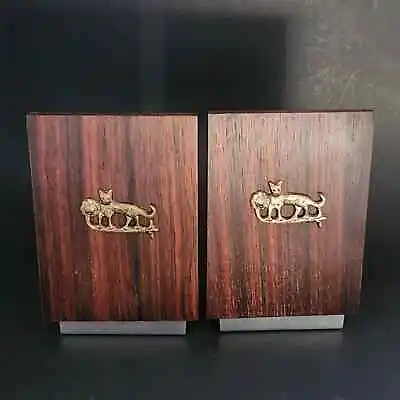 Vintage 70s Bookends Cats Wood Metal Home Library Decoration • $29