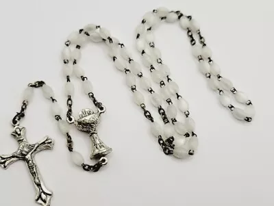 Vintage Rosary Pearlized White Beads Silver Tone Cross  18  † ITALY INRI IHS • $12.60