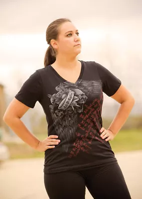 T-Shirt Ladies Large J&P Cycles Flying Skull Black V-Neck Biker 100% Cotton  M9 • $13.64