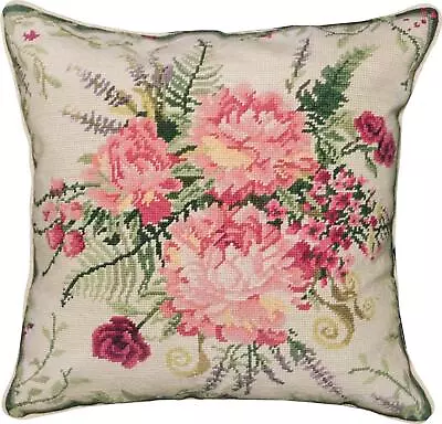 Throw Pillow Needlepoint Floral Fusion 18x18 Green Off-White Red Cotton Velvet • $289