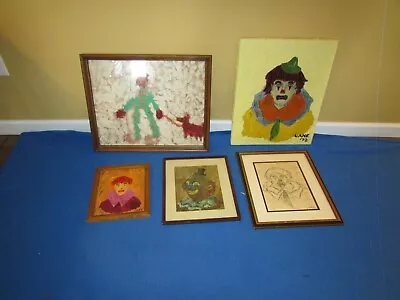 $59.99 • Buy LOT Of 5 Vintage 1972 SIGNED Oil On Canvas Board Creepy CLOWN Painting