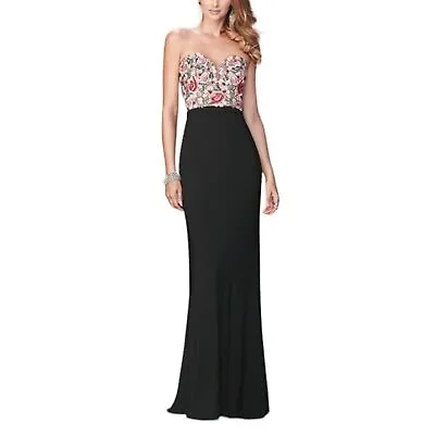 La Femme Black Floral Embroidered Lace Strapless Sweetheart Neckline Gown Size 8 • $120