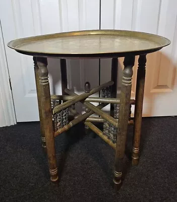 Antique Foldable Table Engraved Brass Table Top With Wooden Folding Stand • $101.06