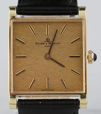 Vintage 18k Yellow Gold Baume & Mercier Hand-Winding Watch W/ Black Leather Band • $1956