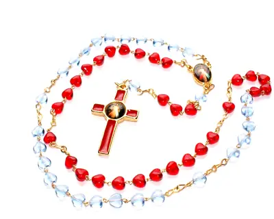 Divine Mercy Rosary Catholic Necklace Glass Heart Beads Red Blue Prayer Medal • $18.93