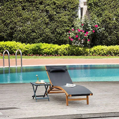 Wooden Garden Sun Lounger Chair W/ 3 Adjustable Back And Headrest Pillow Black • £115.99