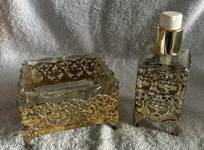 1950s Glass Filigree Vanity Set Of 2 Splash Perfume & Soap Set Hollywood MCM • $17
