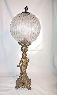 $139.95 • Buy Vtg LARGE 28  Hollywood Regency Cherub Lamp- Pot Metal W/ Round Glass Shade