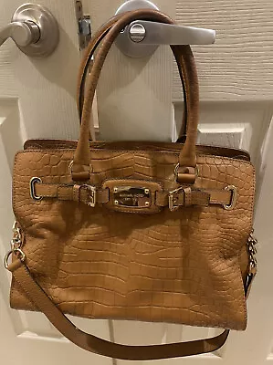 MICHAEL KORS Hamilton Leather Med Croc Embossed Handbag Satchel Caramel Shoulder • $39.99