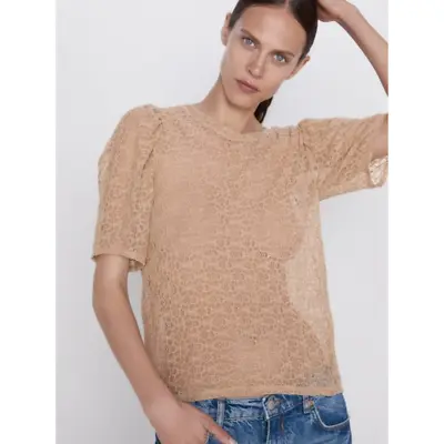 Zara Tan Lace Puff Shoulder Blouse  S • $22