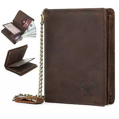 Vintage Men Chain Wallet Real Genuine Leather RFID Biker Trucker Bifold Purse • $15.99