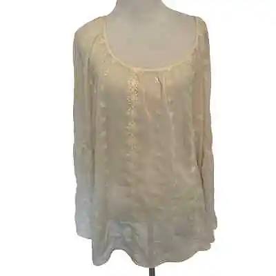 Knox Rose Cream Embroidered Peasant Top Womens Large Boho Bell Sleeve Neutral • £23.61