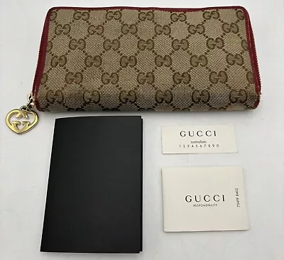 Authentic GUCCI Signature Zipper Long Wallet Beige Brown Red Canvas Leather • $39