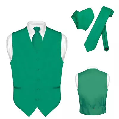 Men's Dress Vest NeckTie Hanky EMERALD GREEN Neck Tie Set For Suit Or Tuxedo XL • $24.95