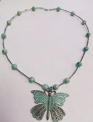 Vintage Aqua Blue Metal Butterfly Necklace - Silver Tone 18  Long - Very Nice • $7.50