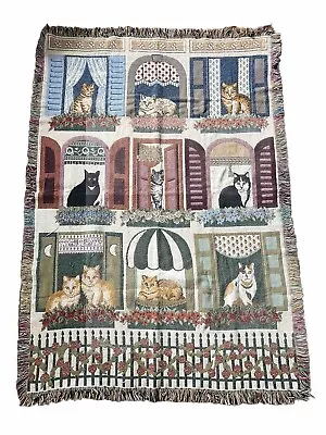 Vintage Cats In The Window Throw Woven Tapestry Blanket  45x65 • $40