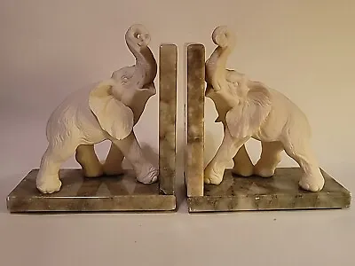 Genuine White Alabaster Elephant Bookends Hand-carved In Italy On Marble 7.5  T • $44.99