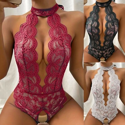 $19.99 • Buy Women Sexy Lace Halter Lingerie Babydoll Crotchless Underwear Sleepwear Bodysuit