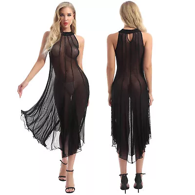 Women Sexy Lace Sheer Dress Split See-through Mesh Lingerie Nightwear Nightdress • $18.79