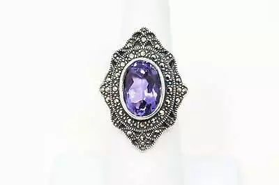 Vintage Art Deco Amethyst Marcasite Sterling Silver Ring - Sz 5.75 - 785044072 • $80