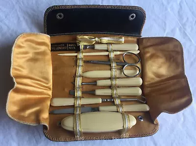 Vintage 1930s Grooming Set Travel Kit 9 Piece Ivory Bakelite Bates Leather USA • $35