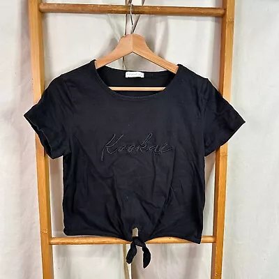 Kookai Top Womens 1 Black Short Sleeve Relaxed Fit Front Tie Embroidered • $16.95