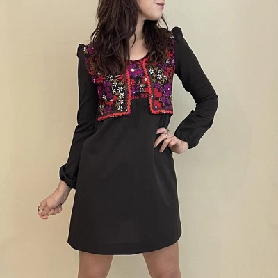 £55 • Buy Vintage 60’s 70’s Mini Dress Floral 1970’s Embroidered S 8 10 