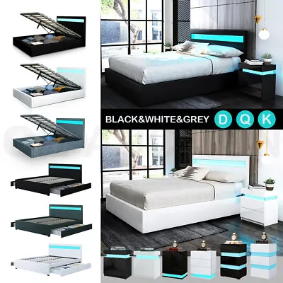 $139.95 • Buy RGB LED Bed Frame Bedside Table Double Queen King Size Gas Lift Bed Base Storage