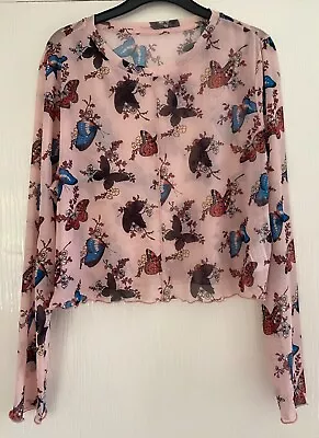Primark Light Pink Mesh Butterfly Print Long Sleeved Top - Size XL 18/20 - Y2K  • £3.20