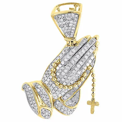 $850 • Buy Diamond Praying Hands Rosary Pendant Mens 10K Yellow Gold Round Cut Charm 1 Ct.