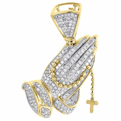 $850 • Buy Diamond Praying Hands Rosary Pendant Mens 10K Yellow Gold Round Cut Charm 1 Ct.