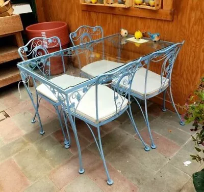 Vintage Woodard Wrought Iron Patio Set. Glass Top Table With 4 Chairs • $999.50